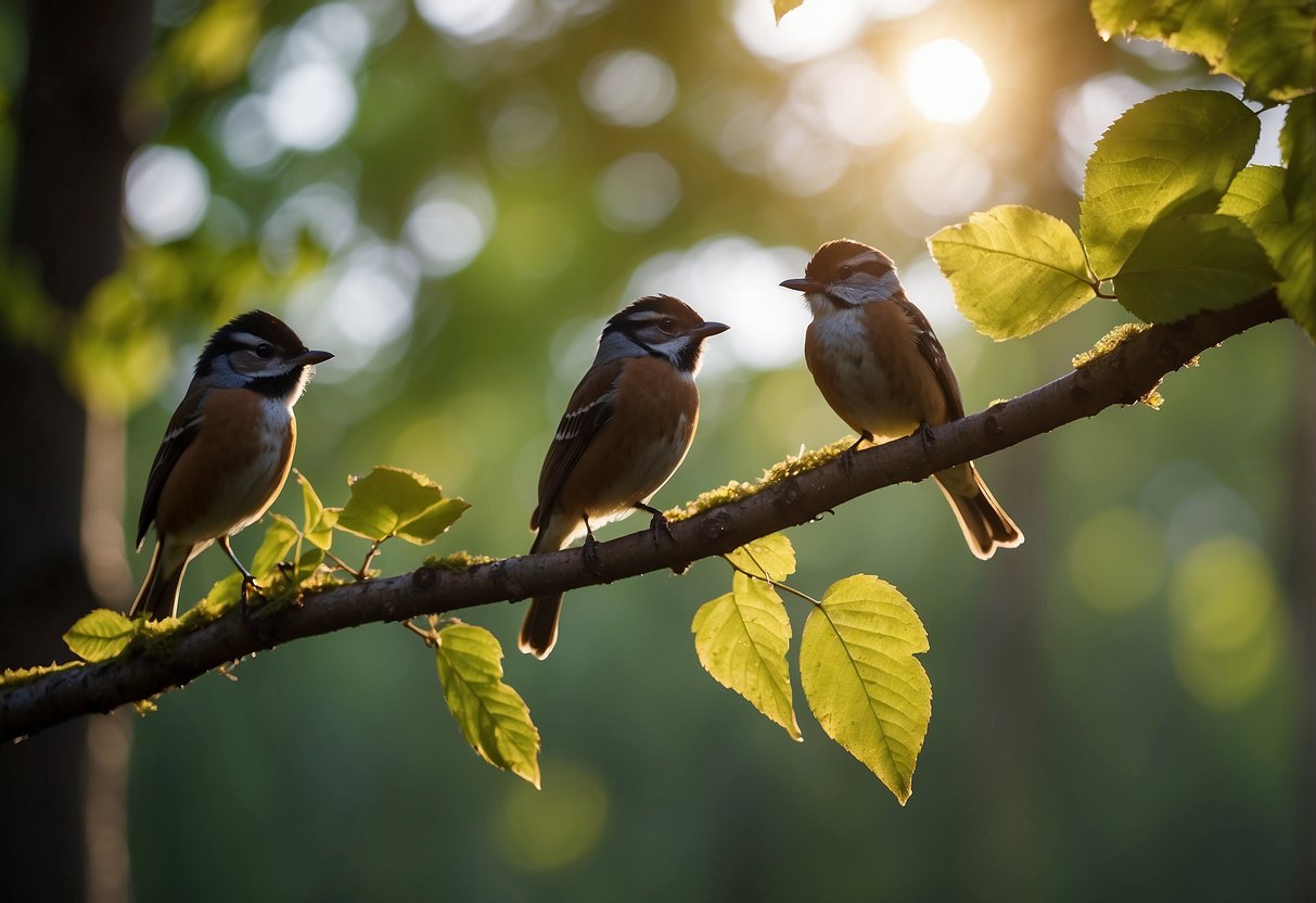 Birds perched on branches, singing and chirping. Trees swaying in the breeze, leaves rustling. Sunlight filtering through the canopy, casting dappled shadows on the forest floor