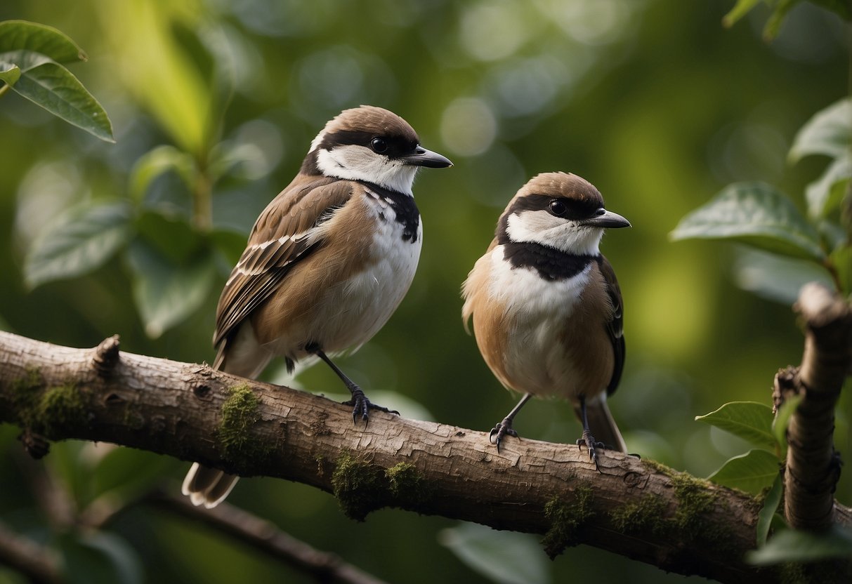 Birds perched on branches, surrounded by lush green foliage, with binoculars and bird watching guides scattered around