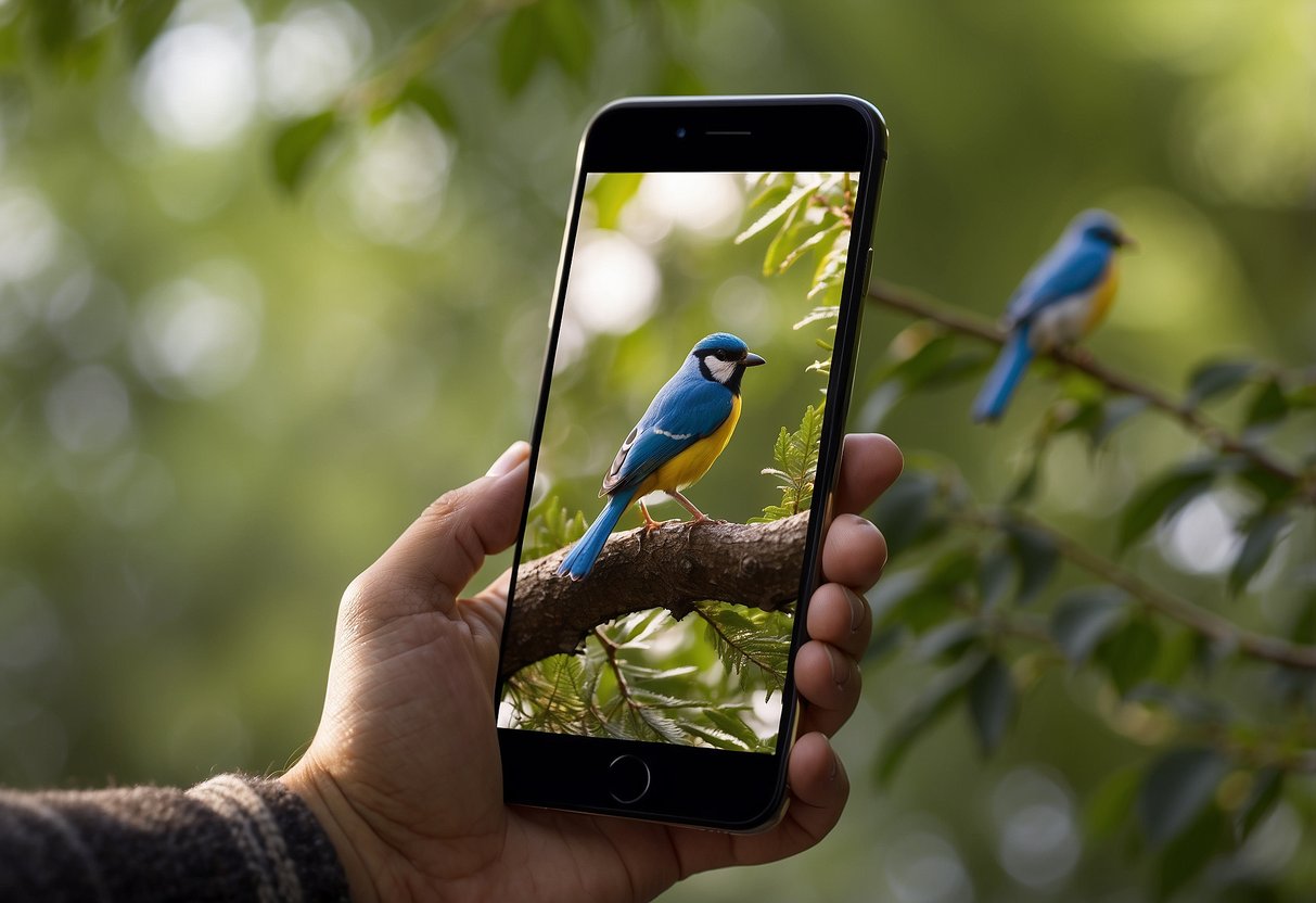 A smartphone with a bird watching app open, surrounded by trees and chirping birds