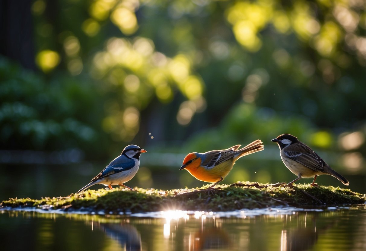 Colorful birds flit among lush trees and tranquil ponds in the sanctuary. Sunlight filters through the foliage, casting dappled shadows on the ground. Bird feeders and water sources attract a variety of species