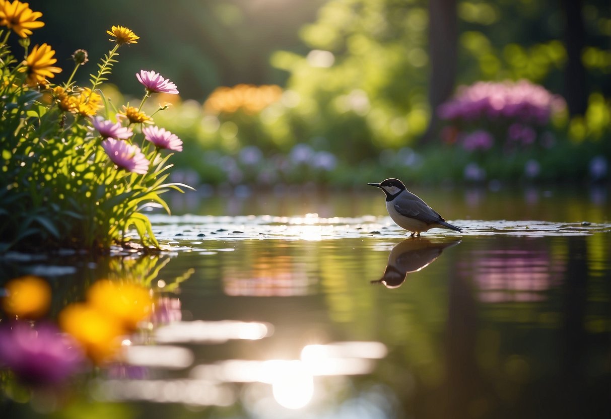 Birds flutter around a tranquil pond, surrounded by lush green trees and colorful flowers. The sun casts a warm glow on the scene, creating a peaceful and serene atmosphere for bird watching