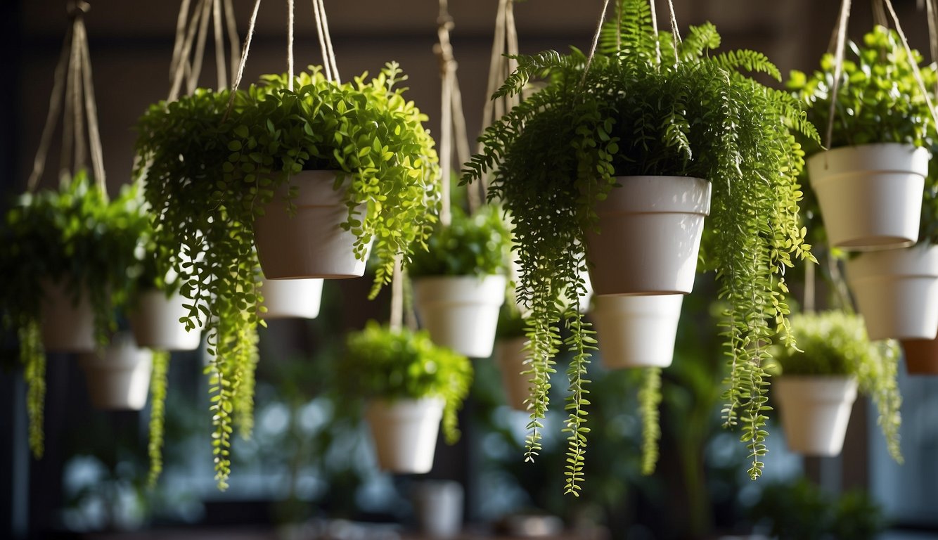 Several hanging plant pots arranged in a staggered formation, suspended from the ceiling at varying heights. The pots are filled with lush green plants, creating a visually appealing and dynamic display