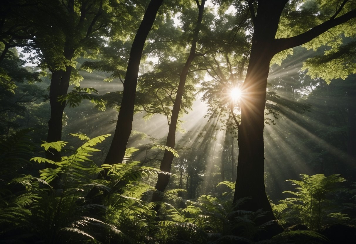 A serene forest with diverse bird species perched on branches, surrounded by lush foliage and gentle sunlight filtering through the canopy