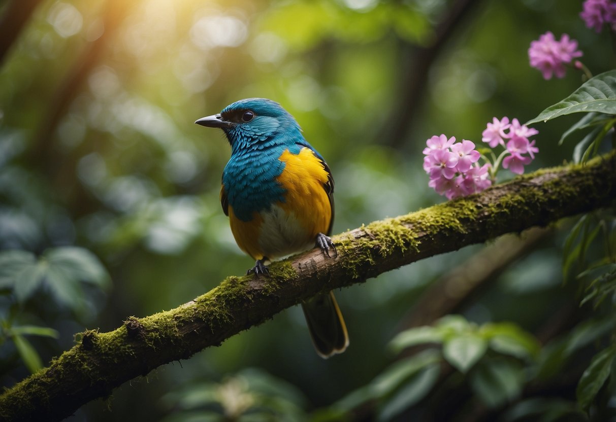 A colorful bird perched on a tree branch in a lush forest, surrounded by various plants and flowers, with a stream flowing nearby