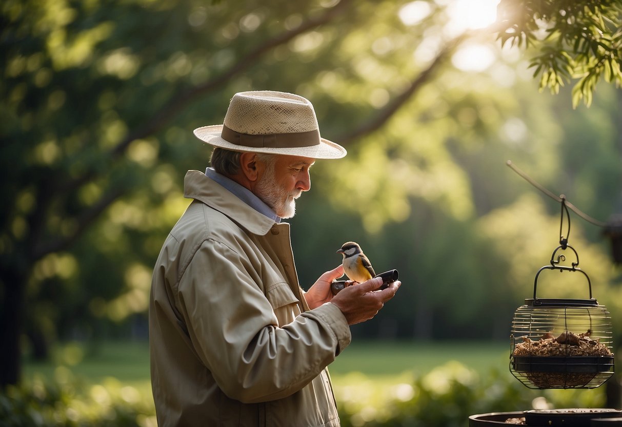 Birdwatcher calmly observes insects, using insect repellent and wearing light-colored clothing. They stand near bird feeders and avoid wearing strong scents