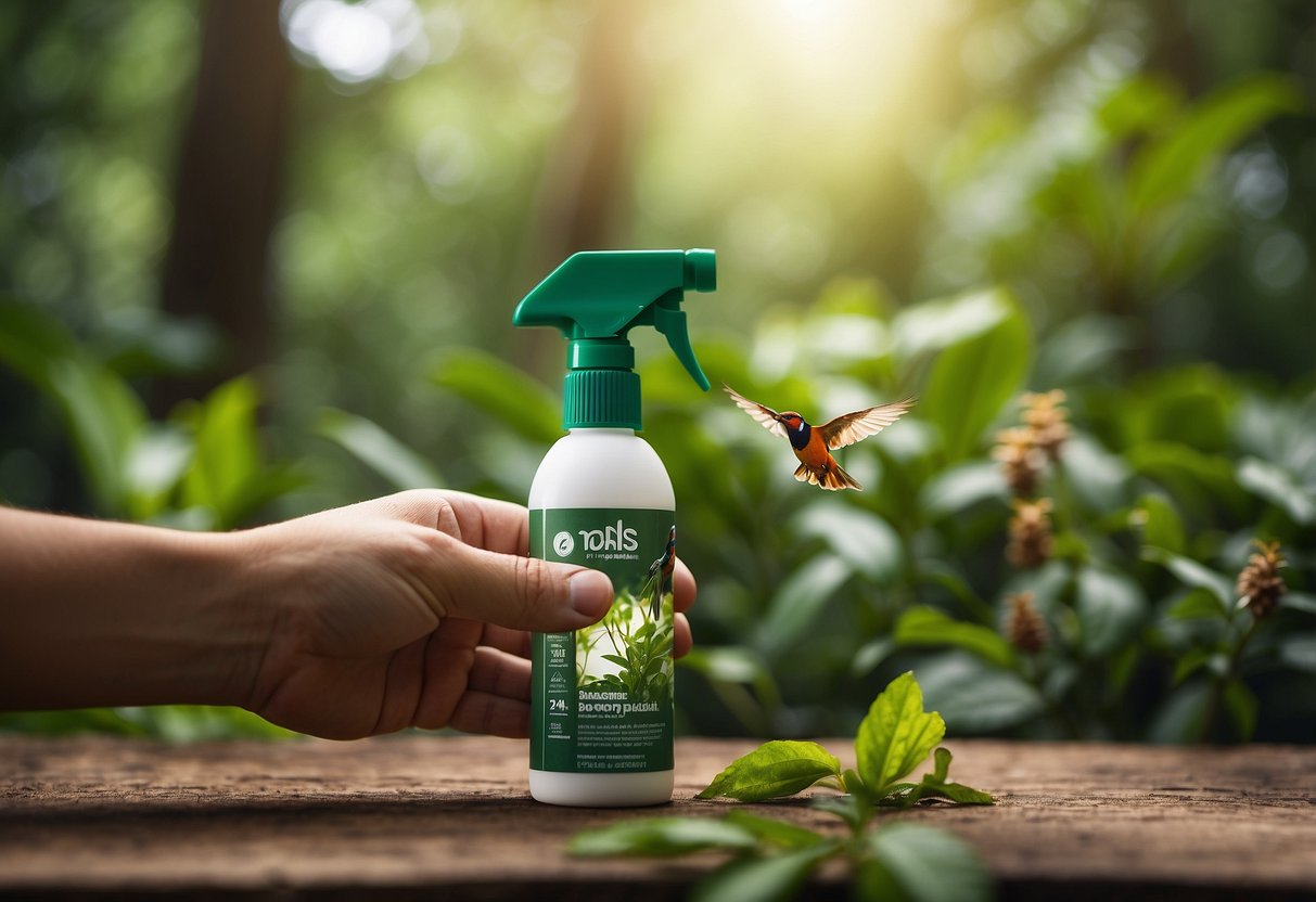 A hand holding a DEET-based insect repellent spray bottle with birds in the background, surrounded by lush greenery