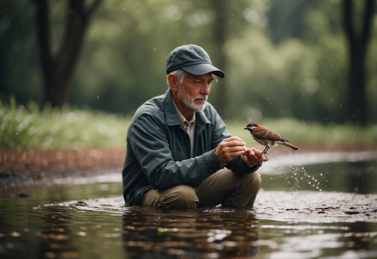 A birdwatcher carefully avoids standing water while observing insects