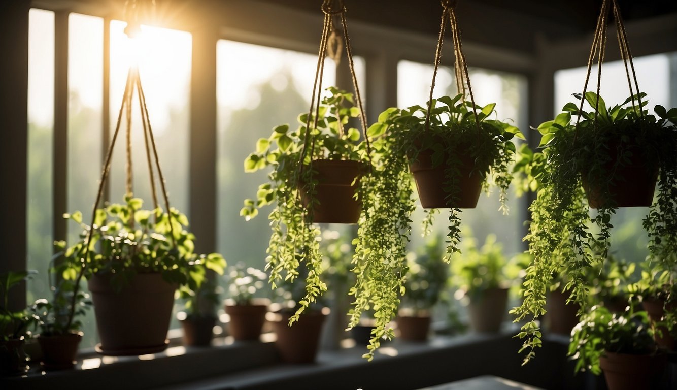 Lush green plants in hanging pots, suspended from the ceiling. Sunlight streams in through the window, casting a warm glow on the foliage. Water droplets glisten on the leaves, evidence of recent care