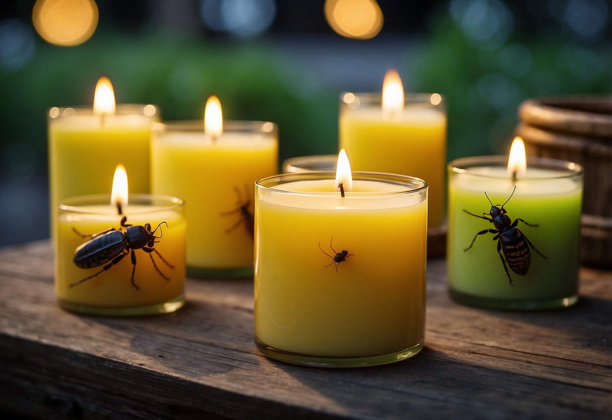 Citronella candles arranged on a table outdoors, with various insects flying around