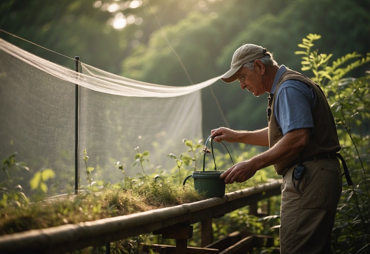 A birdwatcher sets up a mosquito netting around their viewing area, with tips for dealing with insects nearby