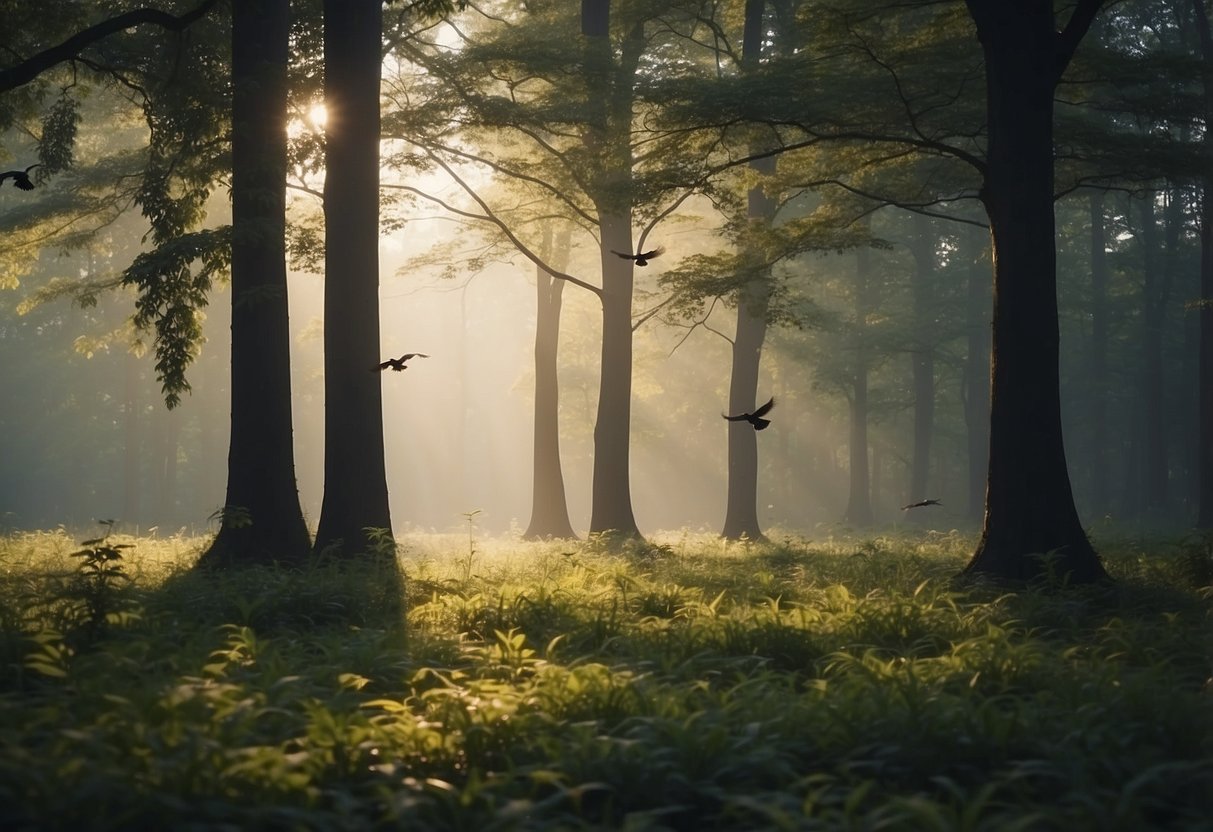 A peaceful forest clearing with a variety of birds perched on branches, while insects buzz around in the air