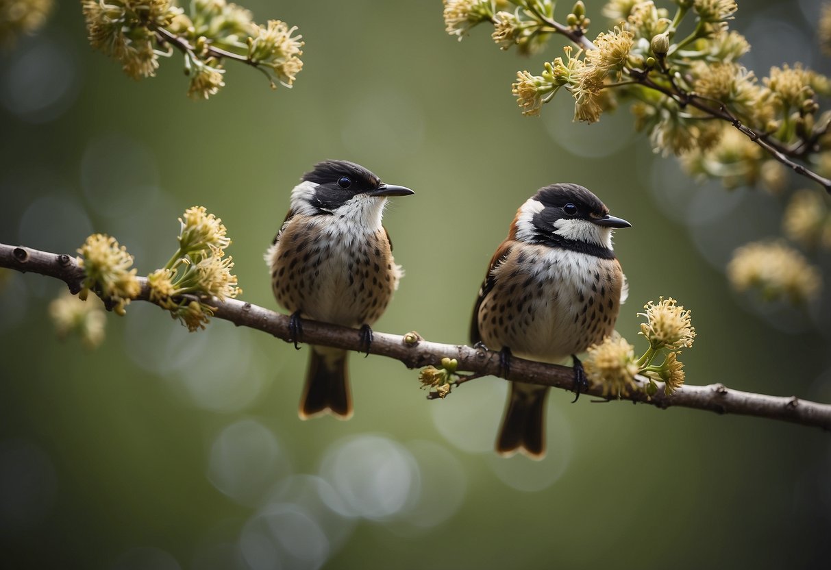 Birds perched on branches, surrounded by buzzing insects. Tips for dealing with insects while bird watching written in the background