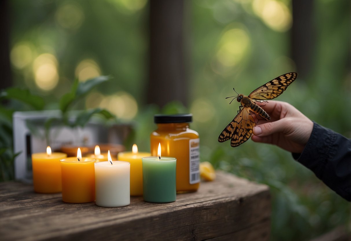 Birdwatching scene: A person sets up insect repellent candles, wears long sleeves, and uses insect repellent spray. They also keep food and garbage sealed and avoid wearing bright colors