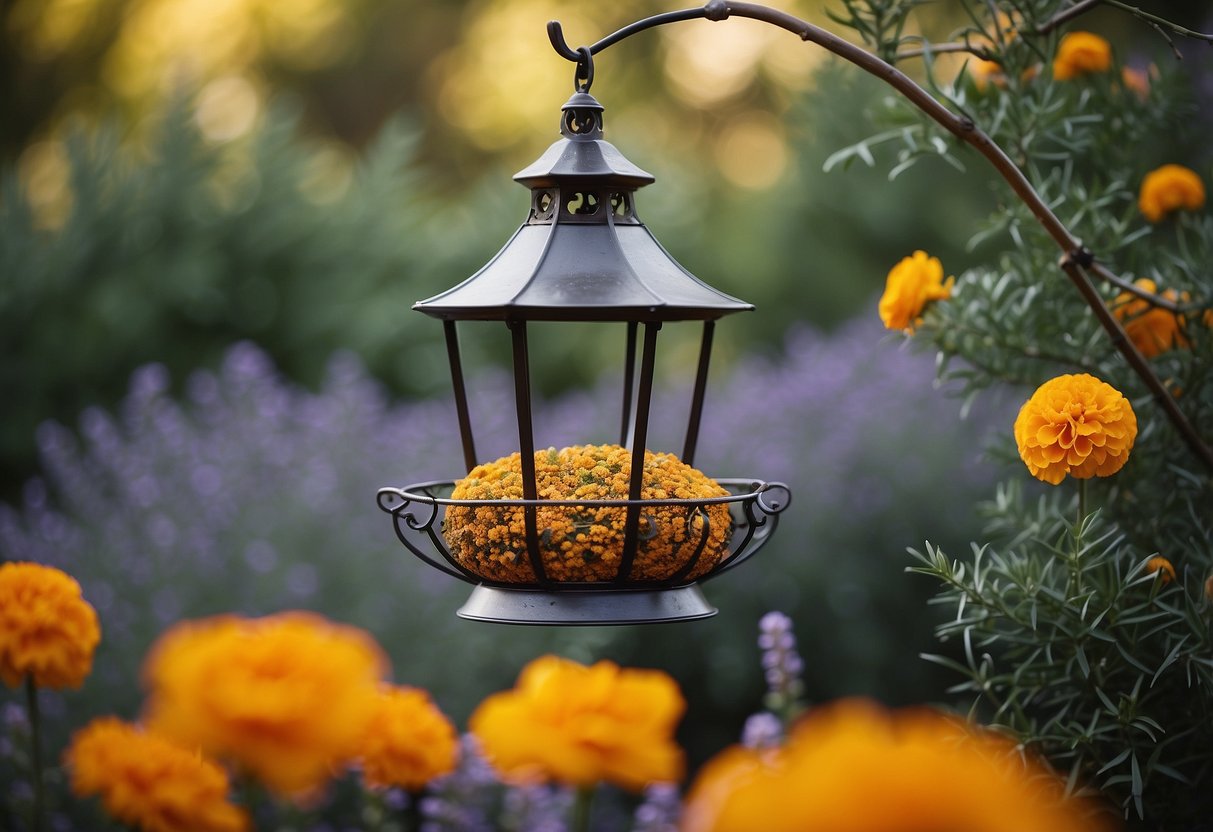 A bird feeder surrounded by marigolds and lavender. Citrus peels and garlic cloves scattered nearby. Peppermint and eucalyptus plants in the background