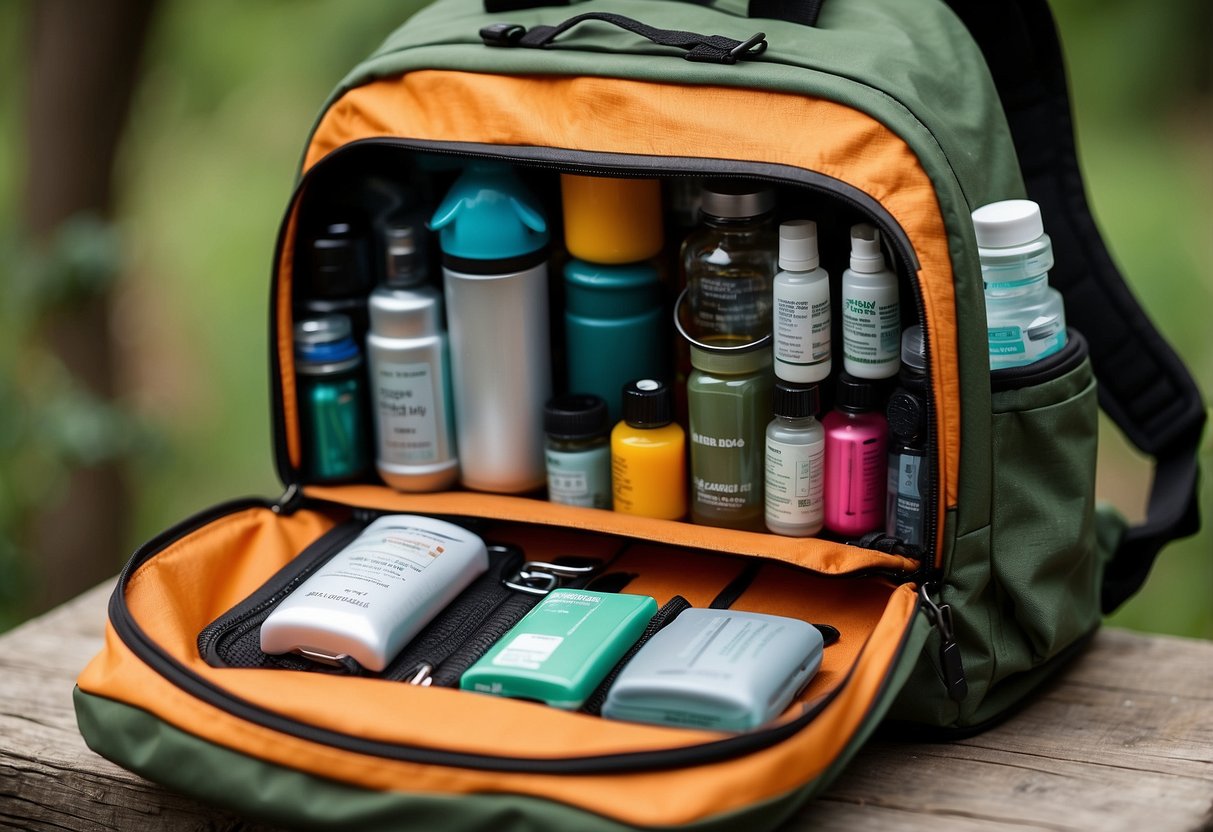 A birdwatcher's backpack open, revealing compact first aid kits with various supplies. Bright colors and lightweight design