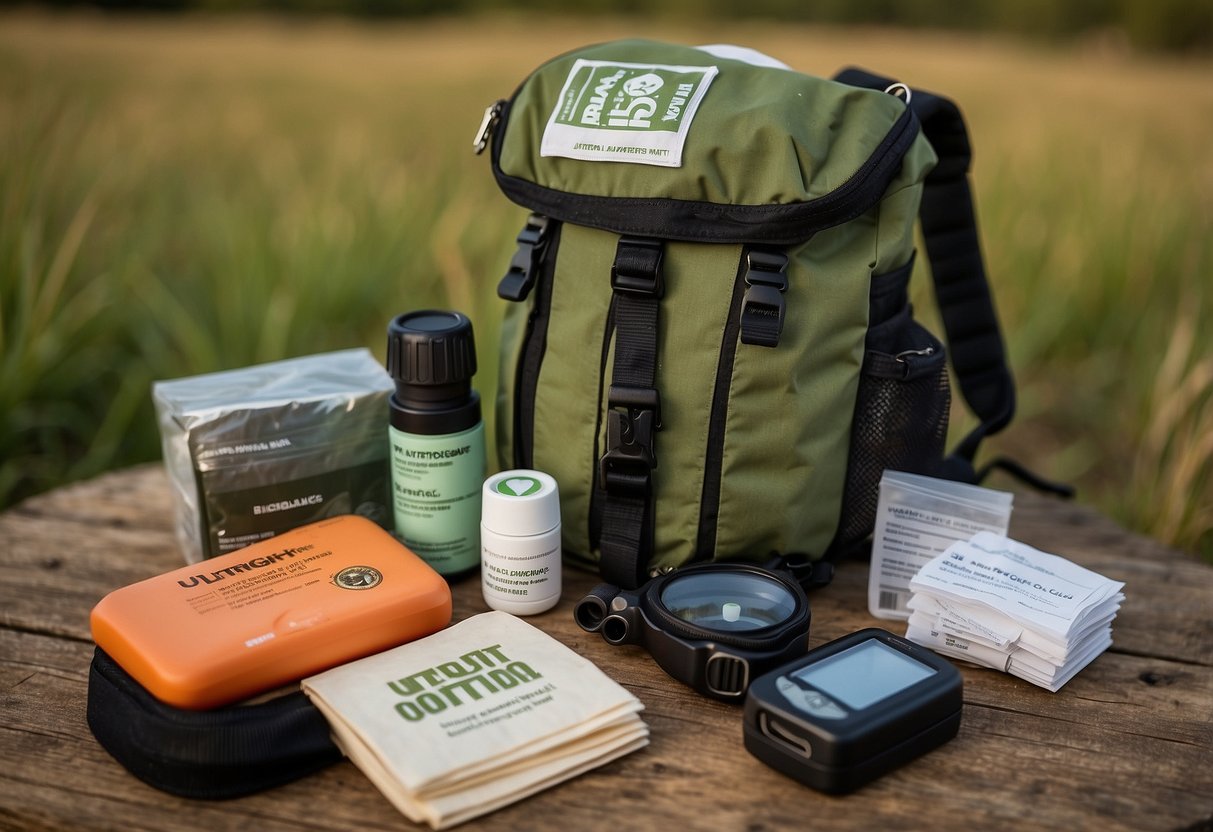 A compact first aid kit sits atop a birdwatcher's backpack, surrounded by binoculars and field guide. The kit is labeled "Ultralight/Watertight .5" and features a waterproof seal