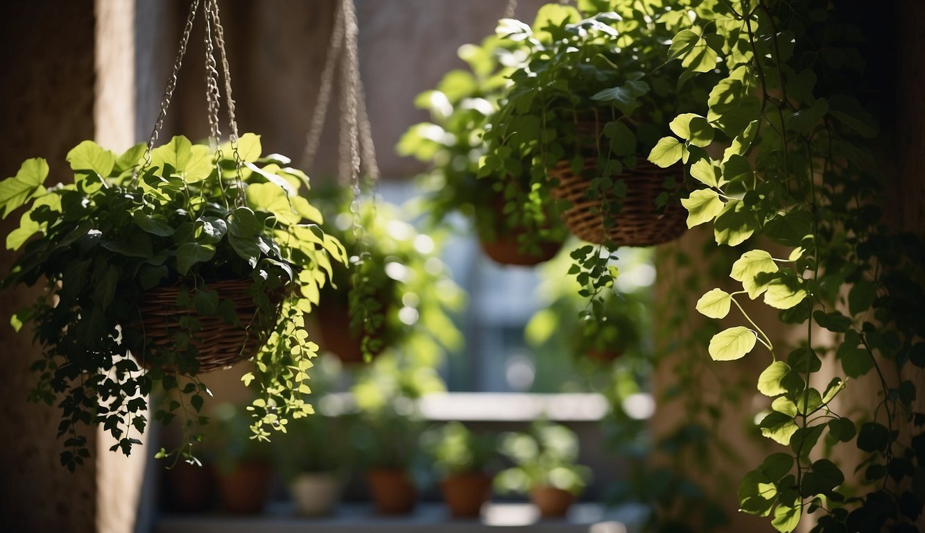 Lush greenery spills from indoor hanging baskets, cascading down in a vibrant display of foliage. The sunlight filters through the leaves, casting dappled shadows on the surrounding walls