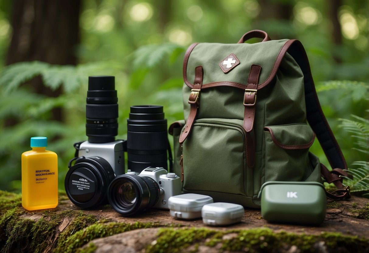 A colorful birdwatcher's backpack with a compact first aid kit, binoculars, and a field guide nestled among the foliage of a lush forest