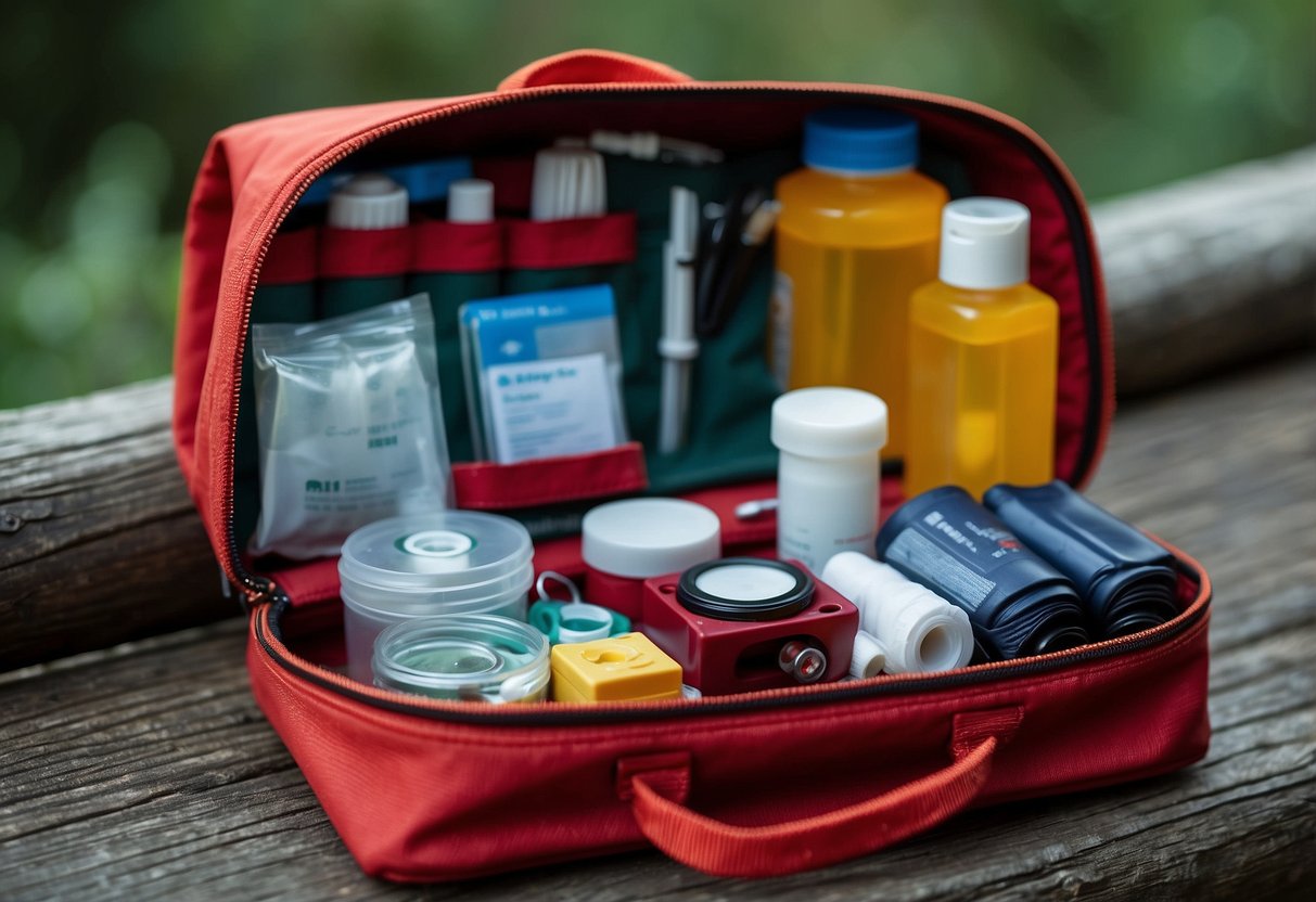 A small first aid kit is open on a bird watching trip, with various medical supplies neatly organized inside