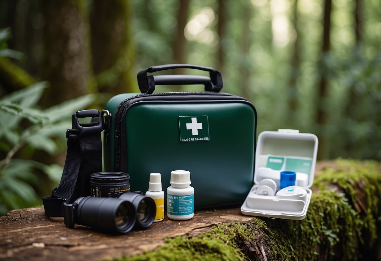 A colorful HART Health First Aid Kit sits open next to binoculars and a bird watching guide in a lush, green forest setting