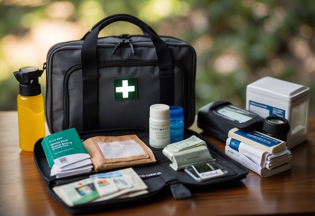 A compact first aid kit sits open on a table, with various medical supplies neatly organized inside. A pair of binoculars and a bird watching guide book are placed next to the kit