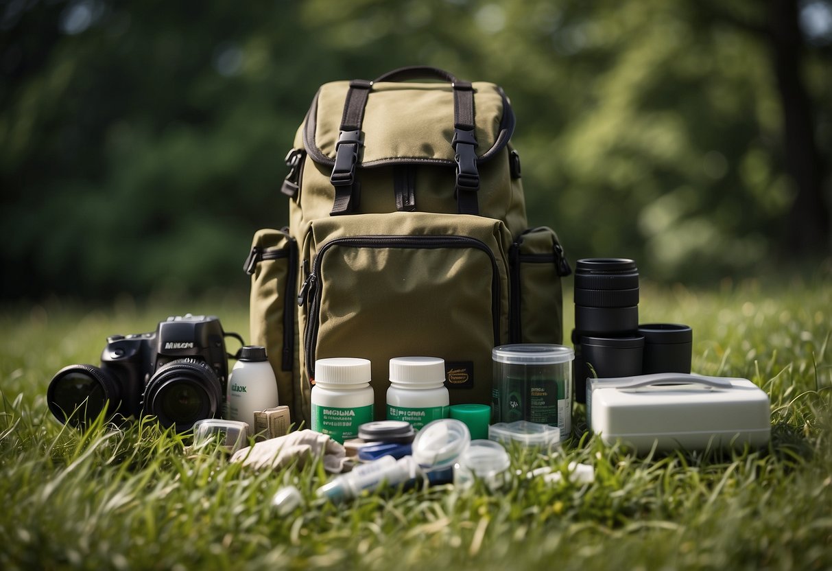 A birdwatcher's backpack with lightweight first aid kits, binoculars, and field guide laid out on a grassy meadow with chirping birds and lush green trees in the background