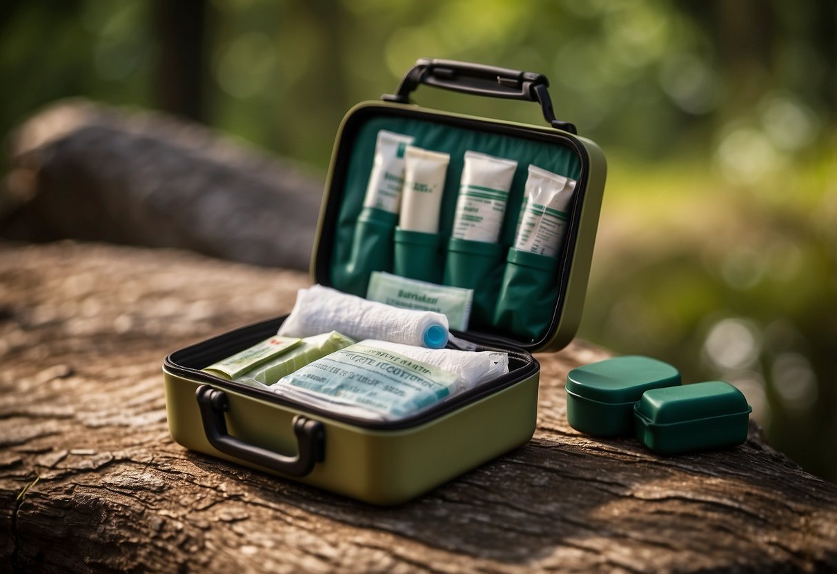 A compact first aid kit with bandages, antiseptic wipes, tweezers, and insect sting relief, suitable for bird watching excursions