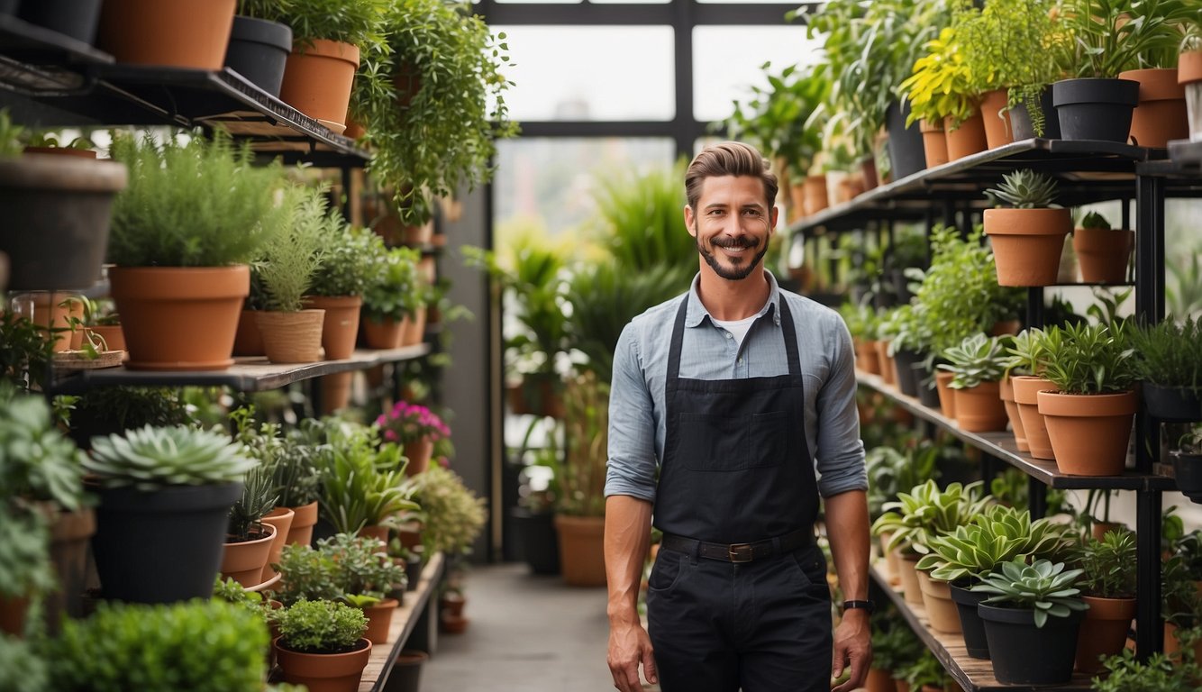 A person stands in front of a variety of potted plants, carefully selecting the perfect ones to fill their indoor hanging baskets. The plants range in size, color, and texture, providing a visually appealing array of options