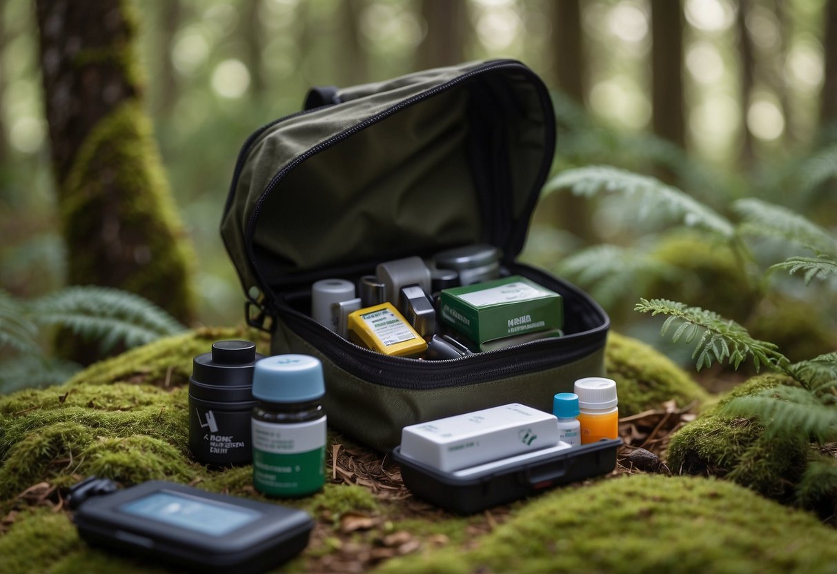 A birdwatcher opens a compact first aid kit in a forest clearing, with birding gear scattered nearby. The kit contains essential supplies for treating minor injuries while out in the wilderness