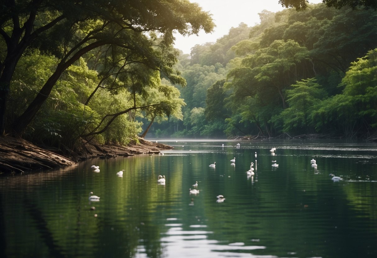 Birds flocking around lush trees and serene waterways in 10 stunning sanctuaries. Vibrant plumage and diverse species create a captivating scene