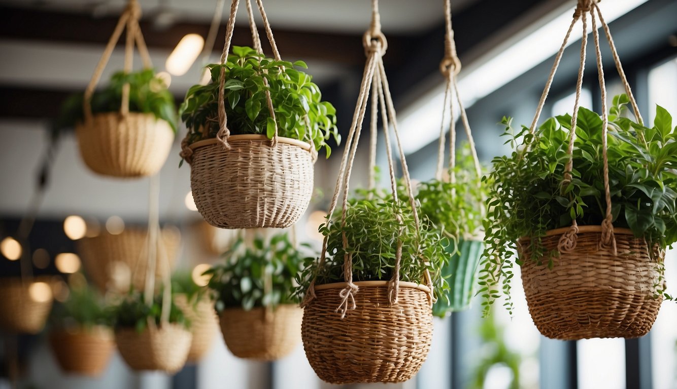 Several colorful baskets are securely fastened to the ceiling with sturdy hooks and ropes, creating a charming display of indoor hanging plants