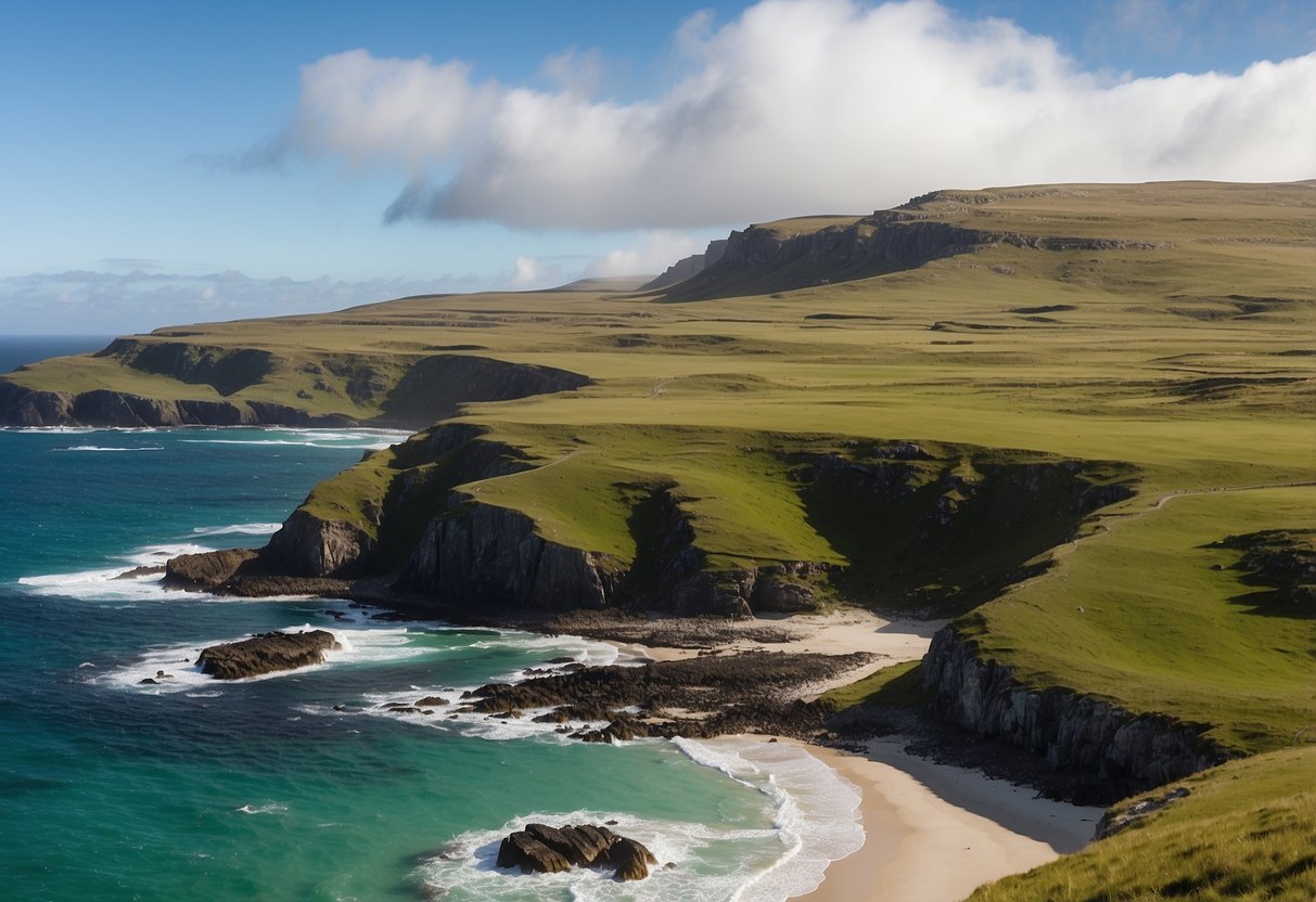 Lush green landscapes with diverse bird species flying and nesting in the Falkland Islands, UK. Windswept cliffs and pristine beaches provide a stunning backdrop for birdwatching