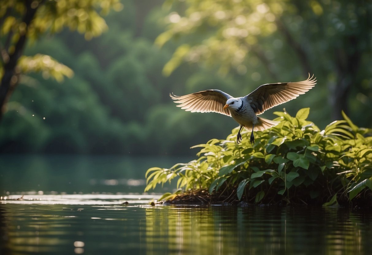 Birds soar above lush greenery, nesting in tall trees and diving into clear waters. The sanctuary is teeming with vibrant feathers and melodic calls