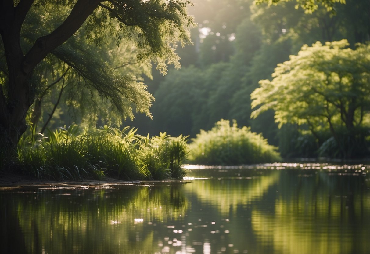 Lush greenery surrounds a tranquil pond, where colorful birds flutter and perch on tree branches. The air is filled with the melodic chirping and calls of various bird species