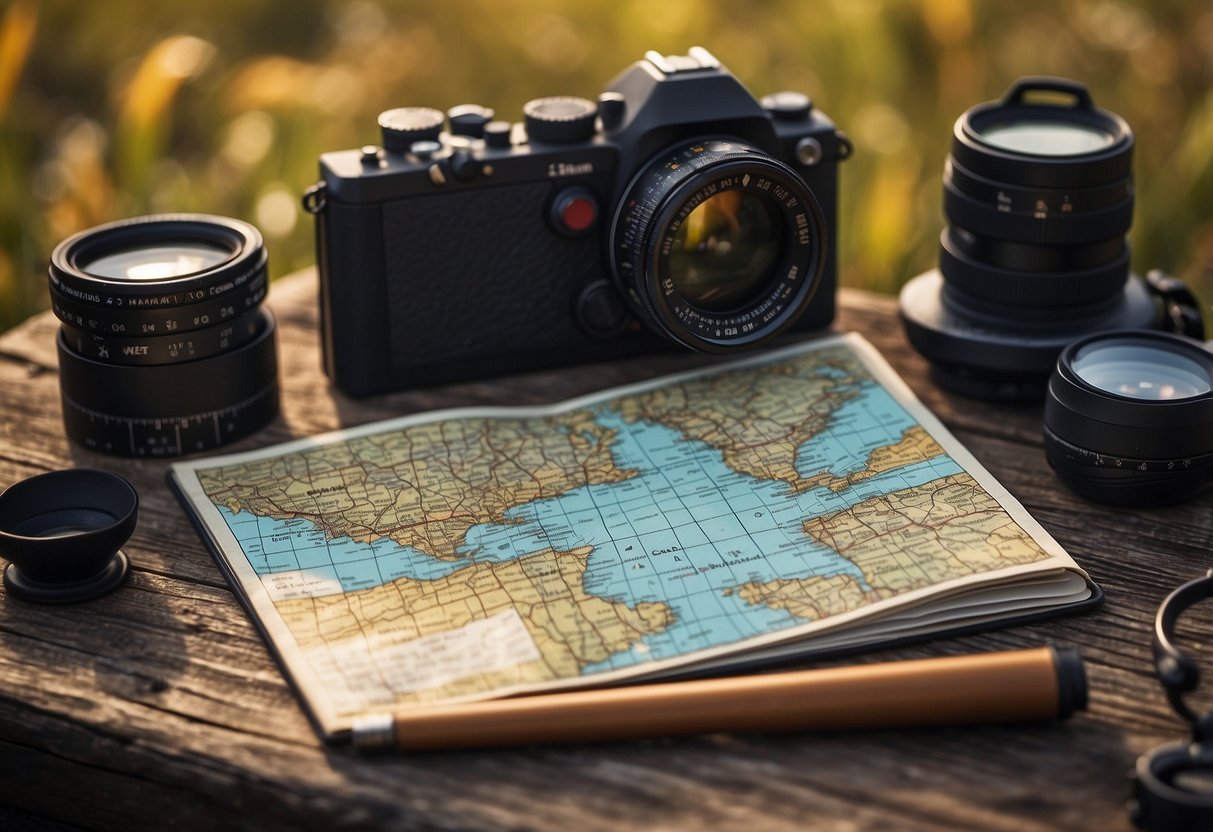 A map and compass laid out on a flat surface, surrounded by bird watching gear such as binoculars, a field guide, and a notebook