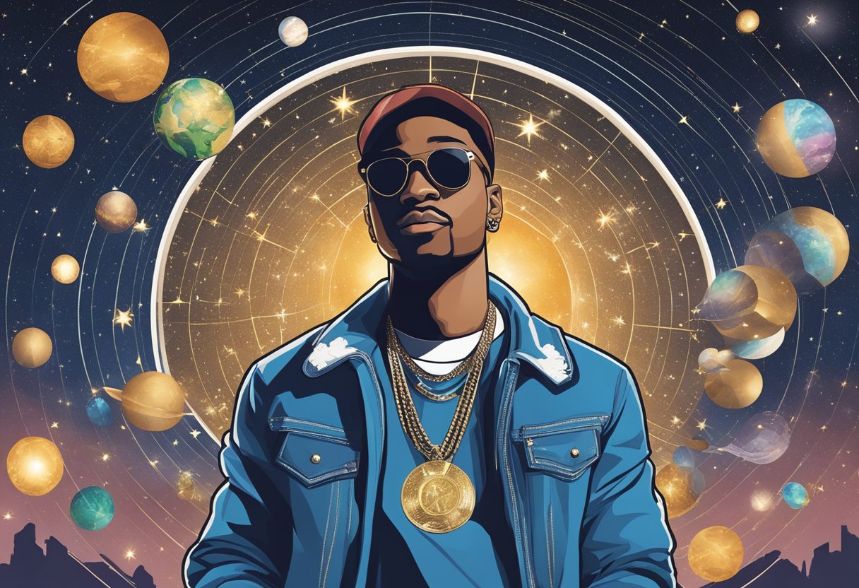 Chingy's albums and singles surround him in a spotlight, while notable collaborations form a constellation in the background