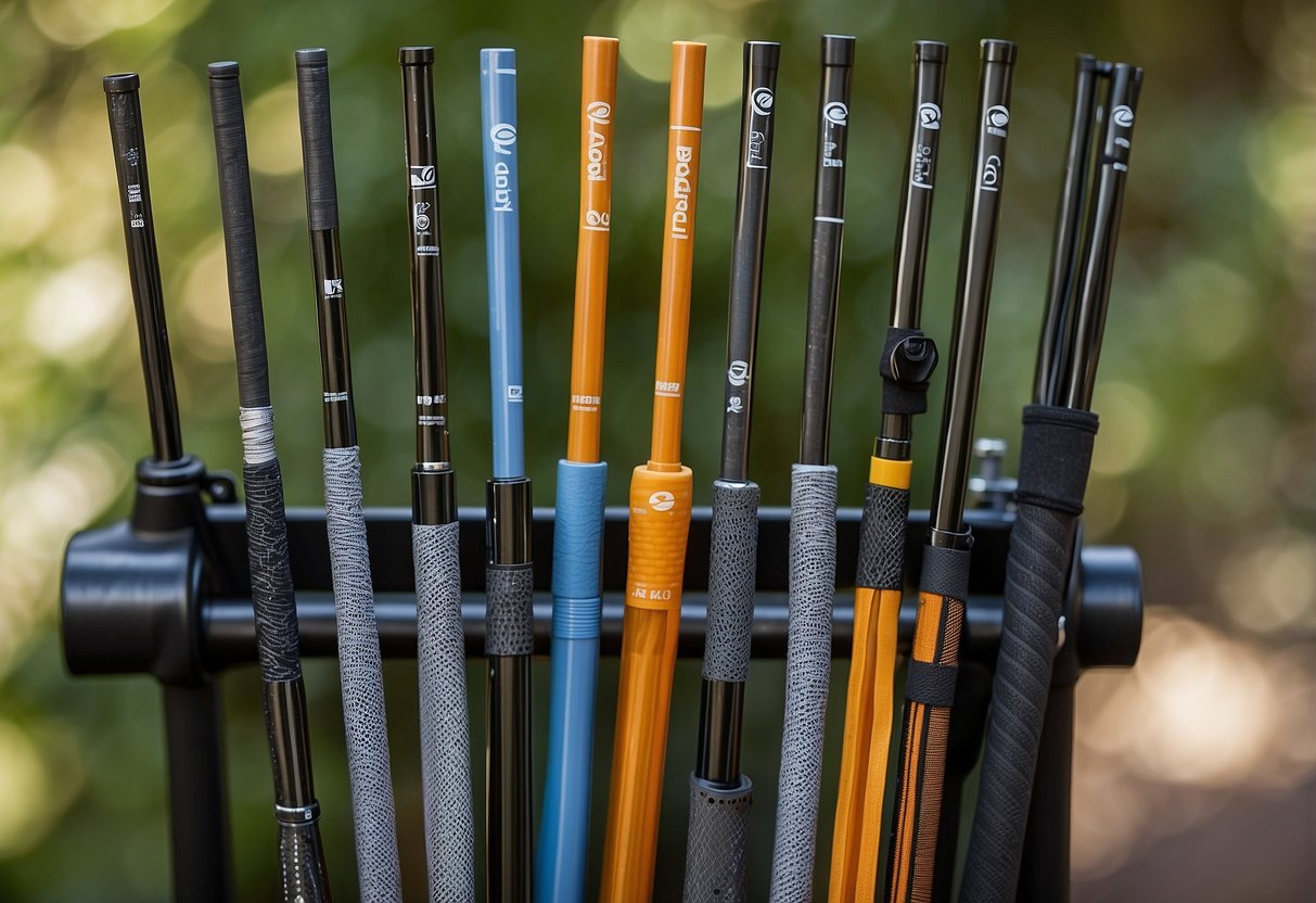 A variety of lightweight bird watching rods displayed on a rack, with different lengths and designs. The rods are made of carbon fiber and feature ergonomic handles for comfortable use