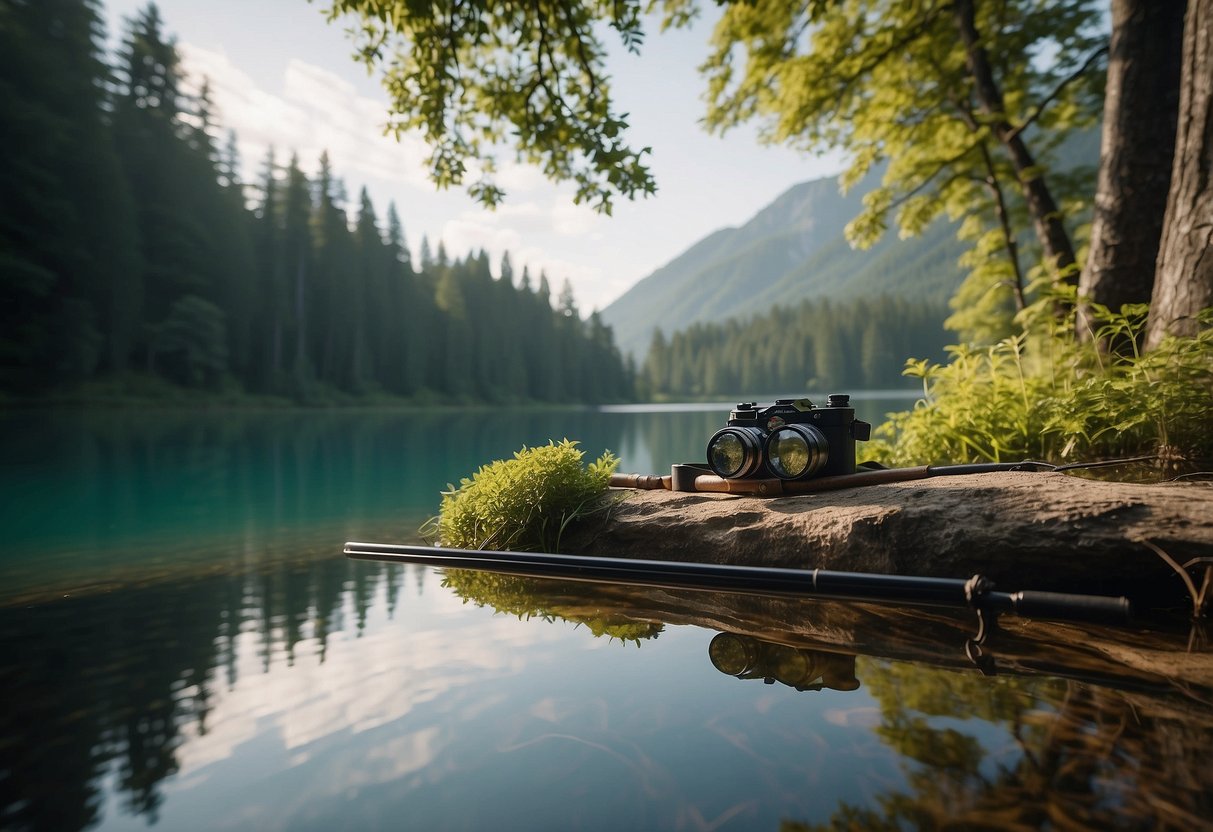 A serene lake surrounded by lush greenery, with a Daiwa Algonquin Fly Rod resting against a tree. A pair of binoculars and a bird guidebook lie nearby, hinting at the perfect bird watching spot