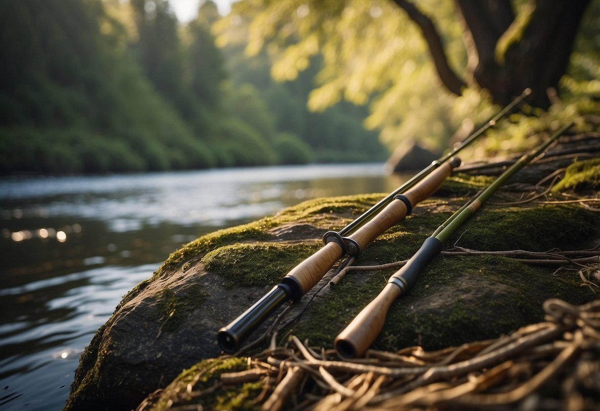 A serene riverbank with a Redington Classic Trout Rod propped against a tree, surrounded by lightweight bird watching rods