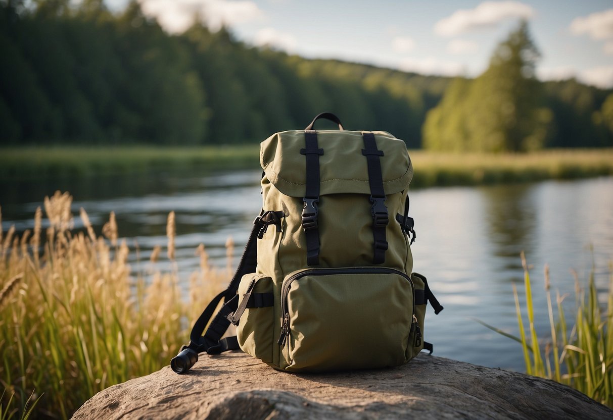 A serene riverbank with a Sage Pulse Fly Rod and binoculars resting on a lightweight bird watching backpack. Tall grass and a variety of birds in the background