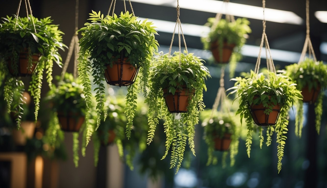 Several hanging plant holders dangle from the ceiling, each one filled with lush green foliage cascading down towards the floor