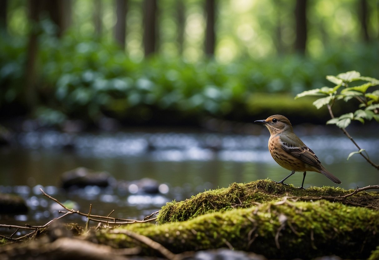 A tranquil forest clearing with a small stream, surrounded by lush vegetation and colorful bird species perched on branches. The Temple Fork Outfitters BVK 5 lightweight bird watching rod is propped against a tree, ready for use