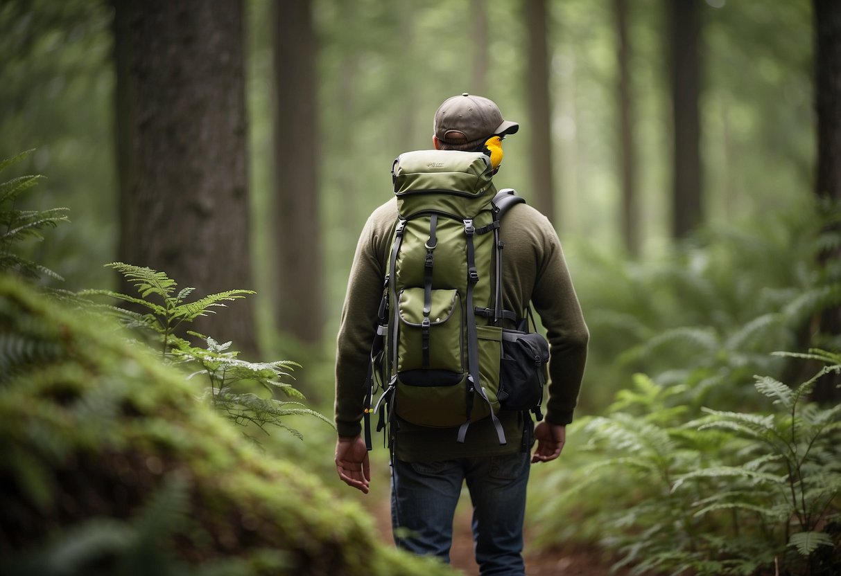 A serene forest clearing with a birdwatcher's backpack, binoculars, and a lightweight bird watching rod set against a backdrop of tall trees and chirping birds