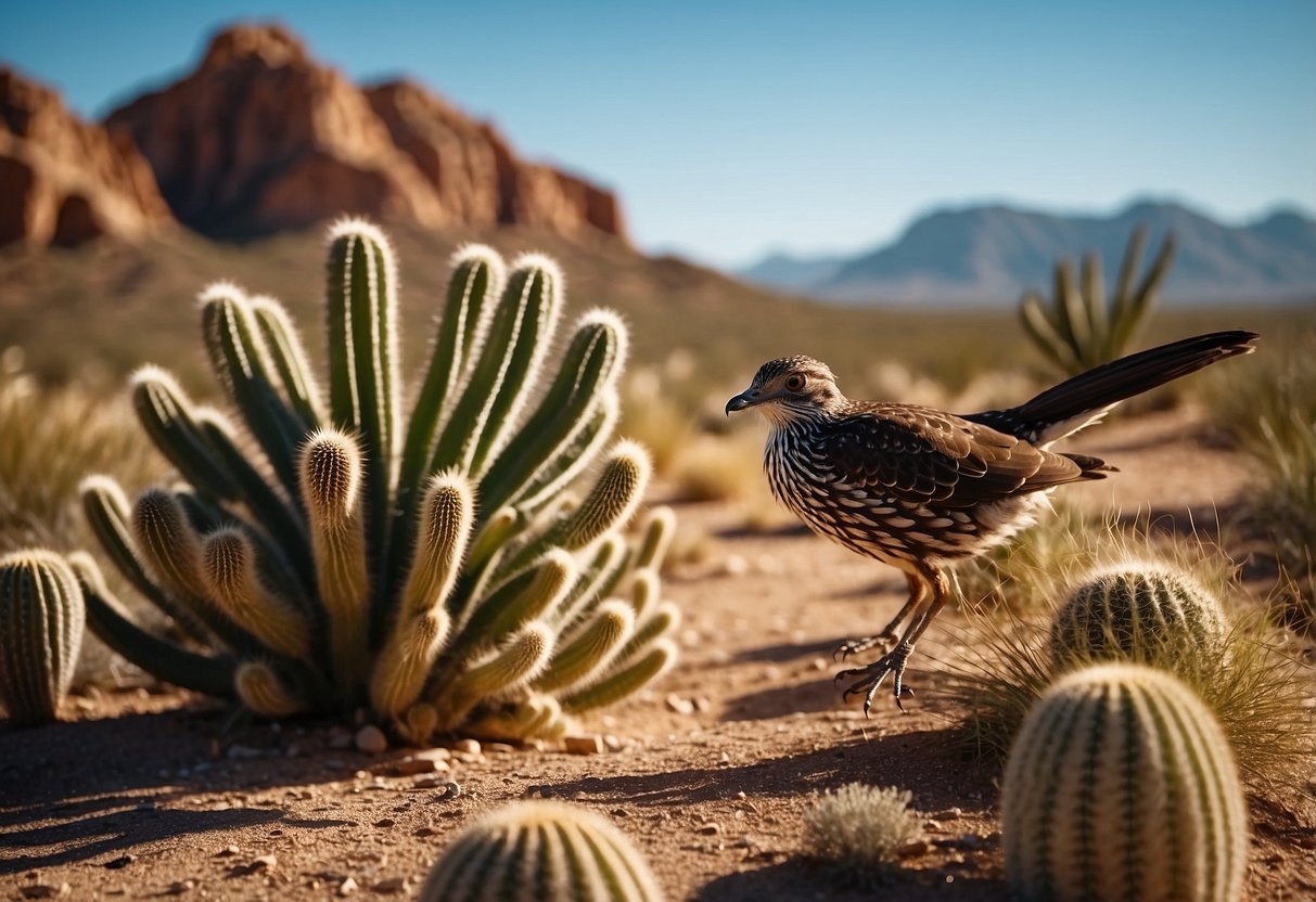 Vast desert landscape with cacti and rocky outcrops. Various species of birds flying and perching, including roadrunners, quails, and hawks. Sunny sky with a few wispy clouds