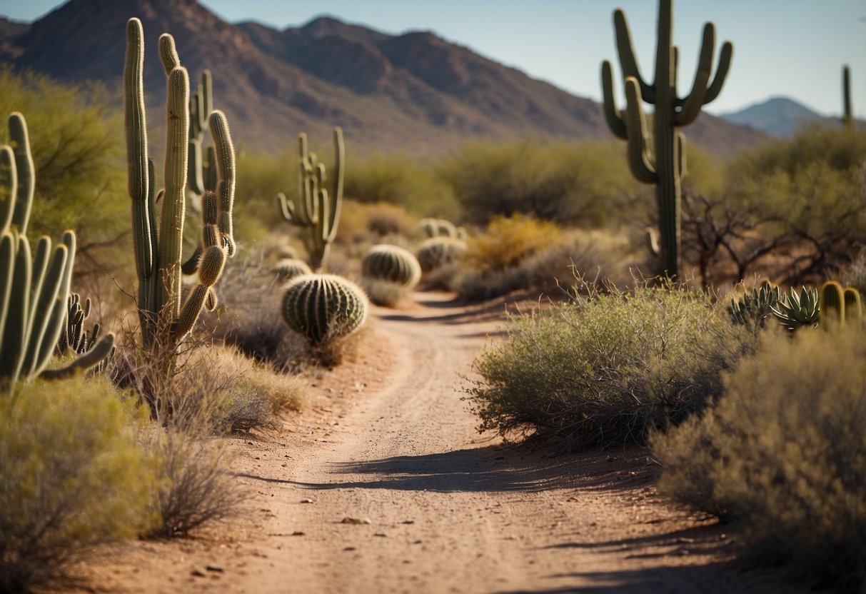 A road winds through the Sonoran Desert, cacti and scrub brush dotting the landscape. A variety of desert birds flit and perch among the plants, their vibrant colors contrasting against the sandy backdrop