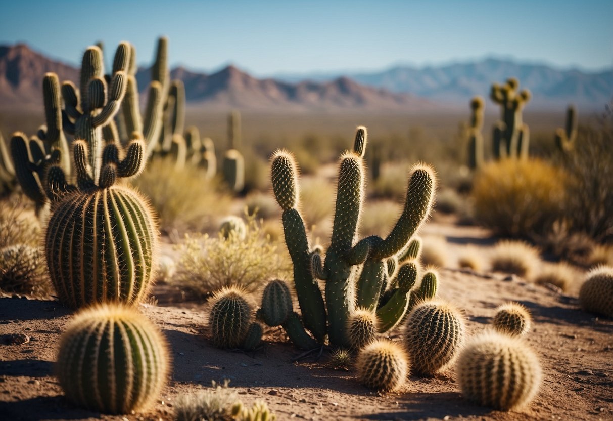 Vast desert landscape with cacti and scrub brush, clear blue sky, and various desert birds in flight or perched on branches