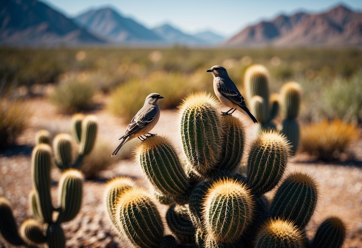 Birds flock around cacti on the Salt River Bird Watching Trail, with mountains in the distance