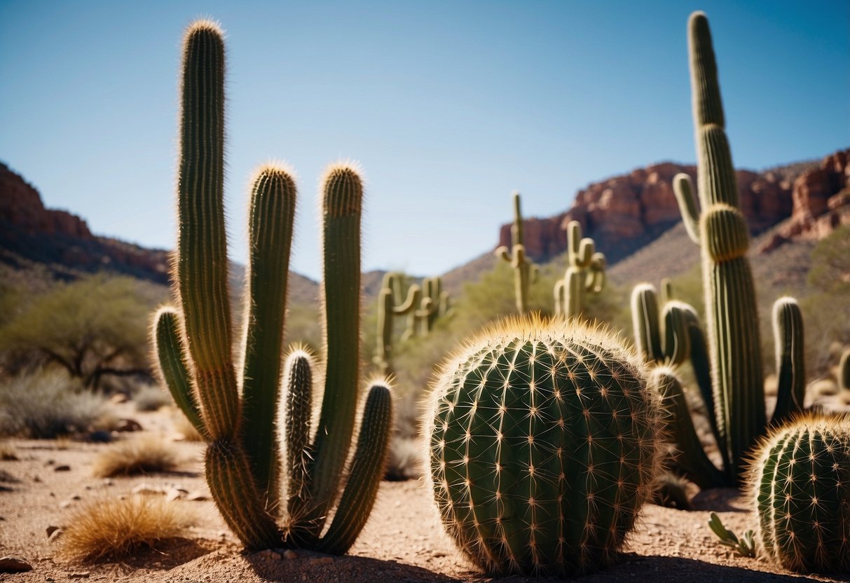 A desert landscape with cacti, rock formations, and a clear blue sky. Various desert birds are seen flying and perched on the cacti