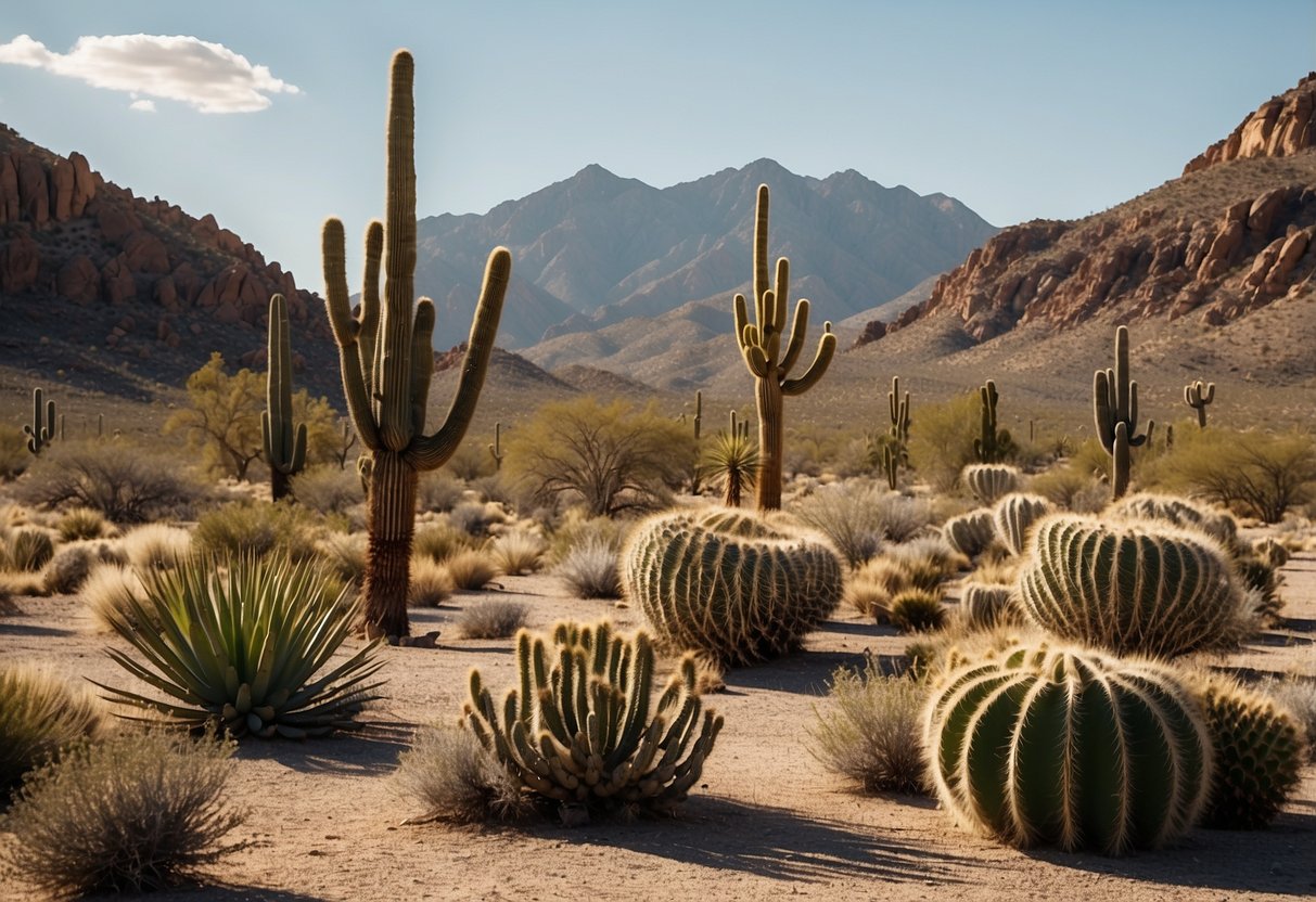 Vast desert landscape with cacti, Joshua trees, and rocky terrain. Birds such as roadrunners, quails, and hawks are spotted in the distance