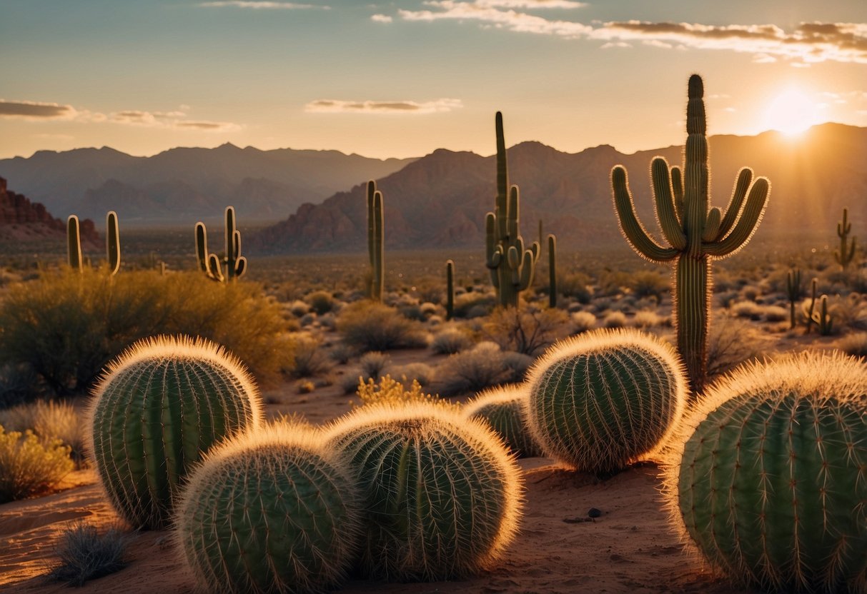 Vast desert landscape with cacti, mesas, and rugged terrain. Various desert birds flying, perched, or foraging. Sun setting on the horizon